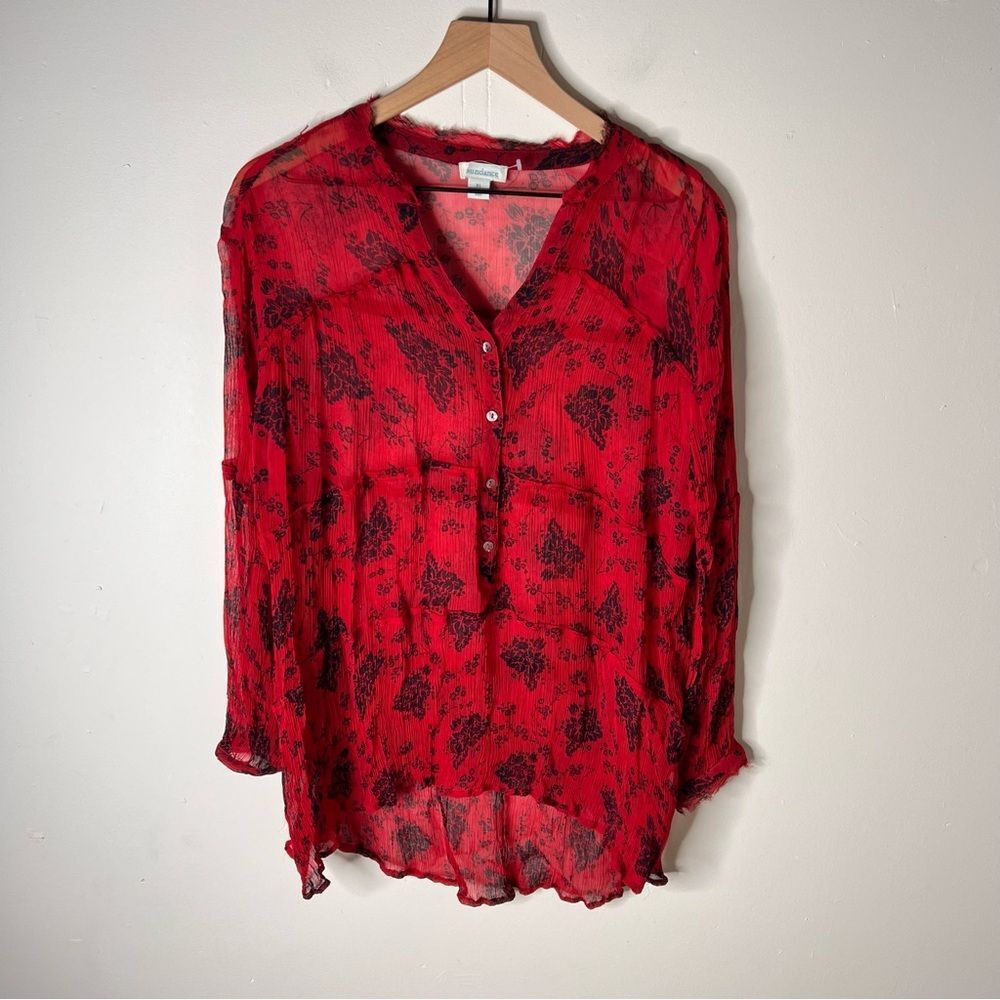 Sundance Elodie Red Black Floral Tiered Blouse Tunic Top XL Sheer Button - Picture 2 of 8